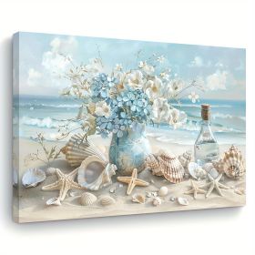 1 Piece Framed Wooden Canvas Painting, One Piece Blue Vase Floral Canvas Print, Wooden Frame Wall Art, Shell And Ocean Theme, Home And Office Dec (Option: 12X18inch)